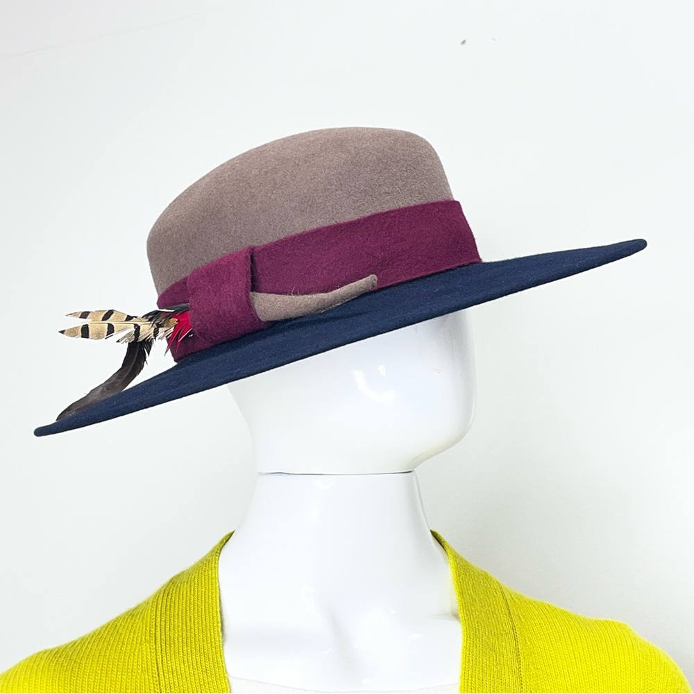 Frank Olive Private Collection Wide-Brim Two-Tone Fedora Feather Felt Hat - Picture 2 of 15